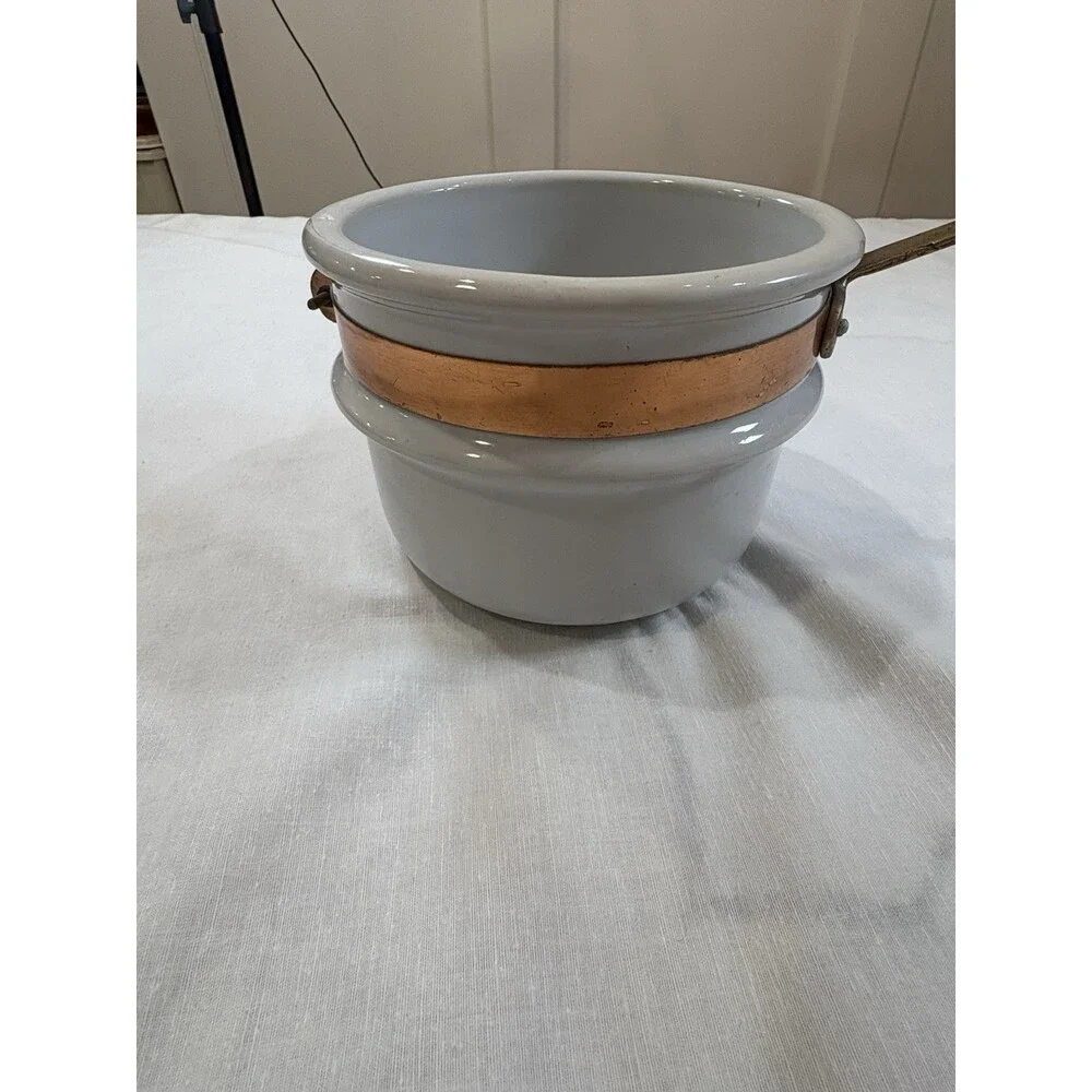 Vintage White Stoneware Double Boiler Pot Insert Copper & Brass Handle 1.5 QT